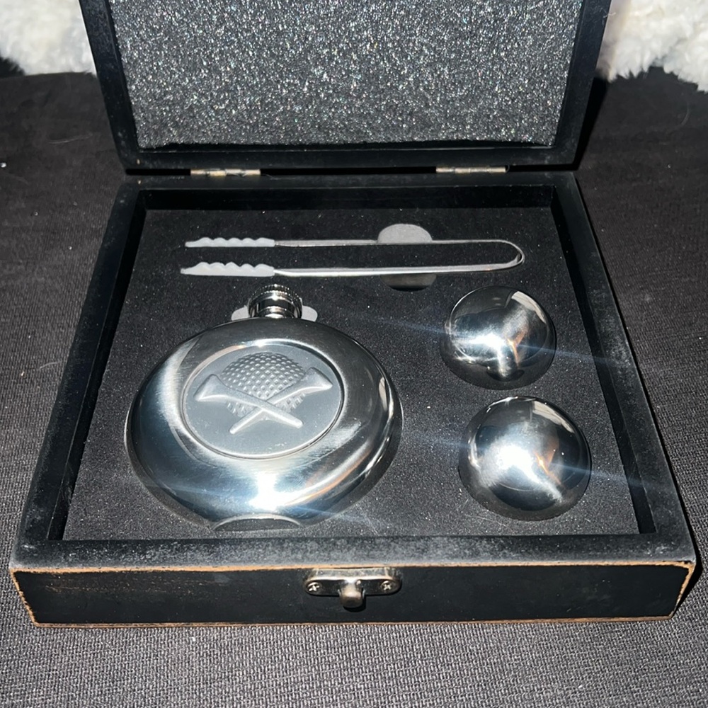 Portland black box set of golf flask, tongs & ice chill golf ball gift set
